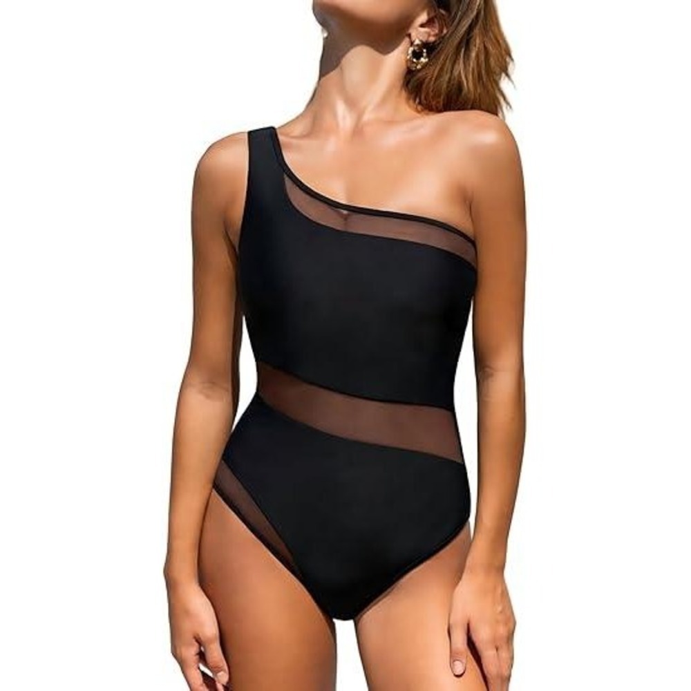 Cupshe Womens Black One Shoulder Mesh Cut Out One Piece Swimsuit DAA12E5H006AA M